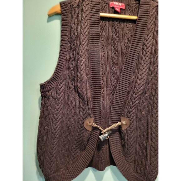 Vtg Chaps Brown Cableknit Toggle Close Sweater Vest Sz L Cottagecore Boho - Picture 3 of 6